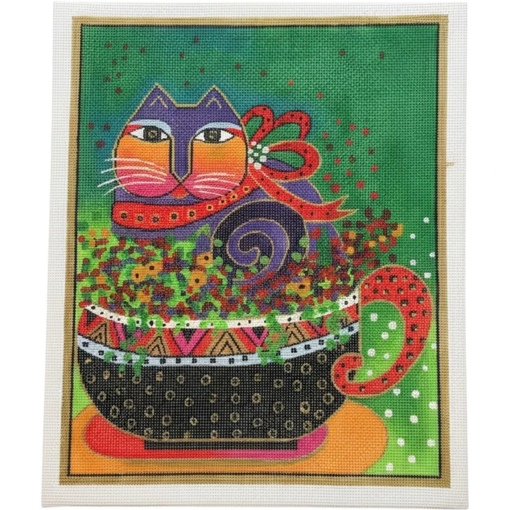 Vintage Laurel Burch Cup of Good Cheer Cat Danji Hand Painted Needlepoint Canvas